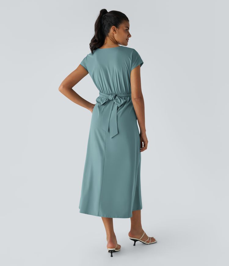 Women's Lightweight V-Neck Midi Dress – Elasticated Waist, Flared Cut