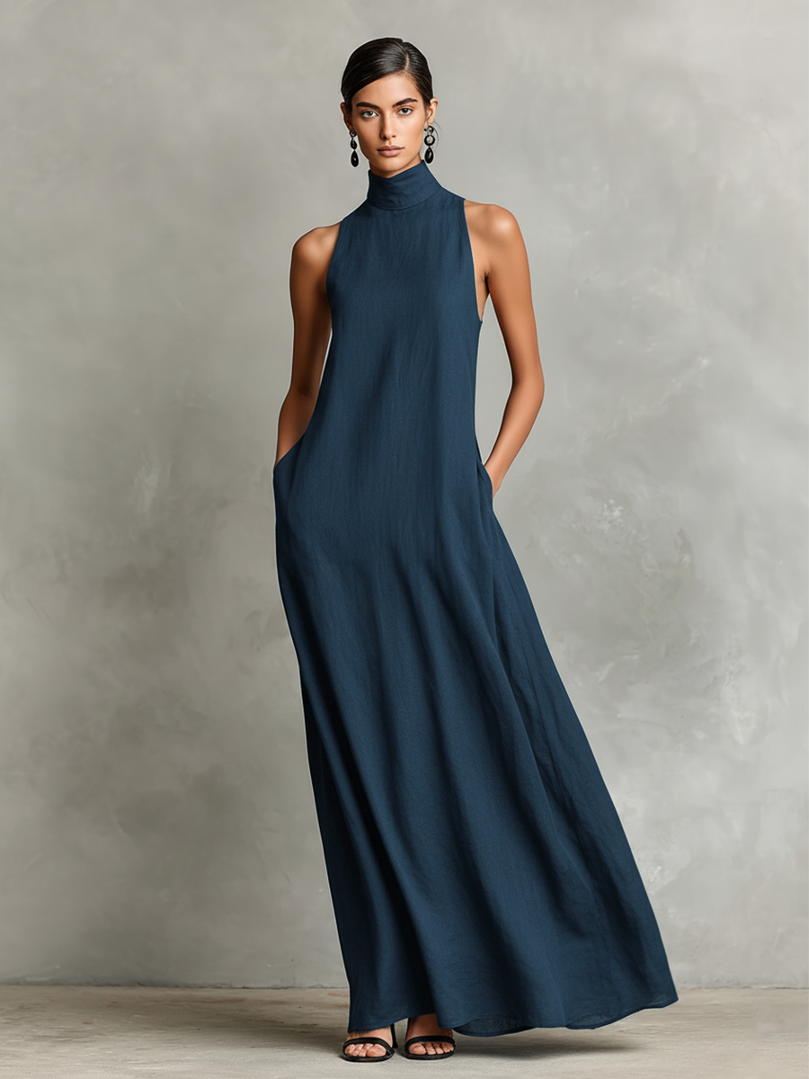 Long Women's Dress with High Collar – Fluid and Elegant Silhouette