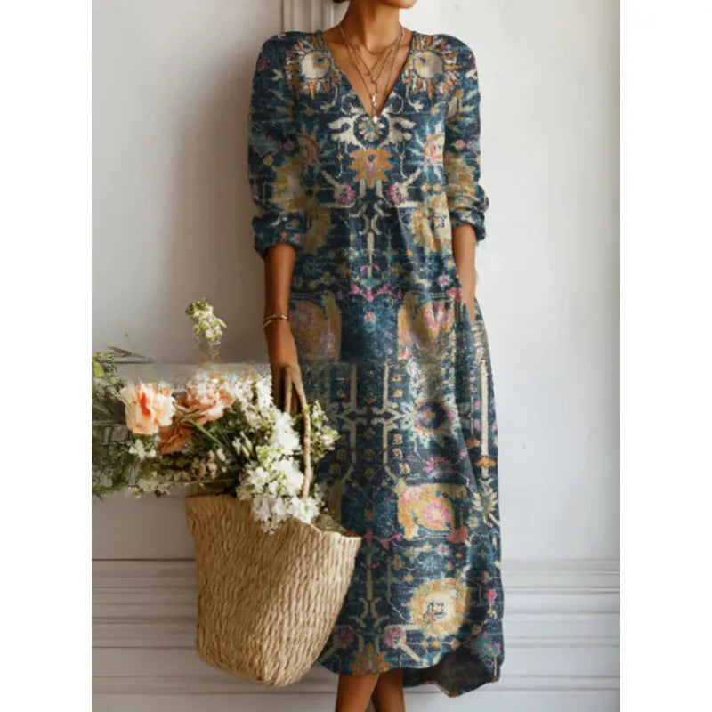 Women's Printed Midi Dress – Flowing Fit and Bohemian V-Neck
