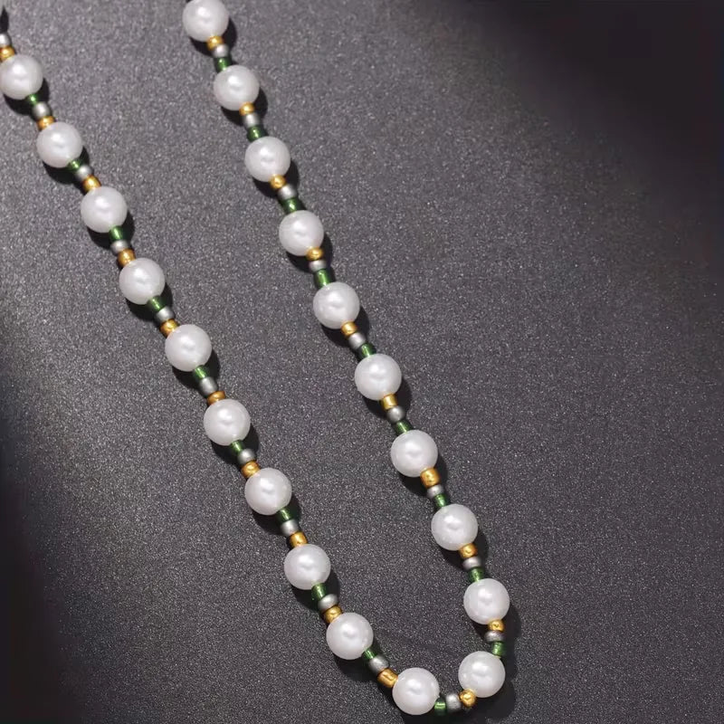 Necklace for Women and Men with Pearls and Green and Gold Accents – Adjustable Length