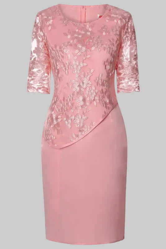 Women's Midi Dress with Floral Embroidery – Lace Sleeves, Straight Cut