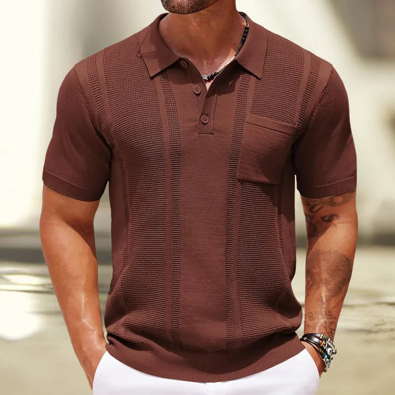 Men's Fine Knit Polo – Ribbed Edges and Textured Panels