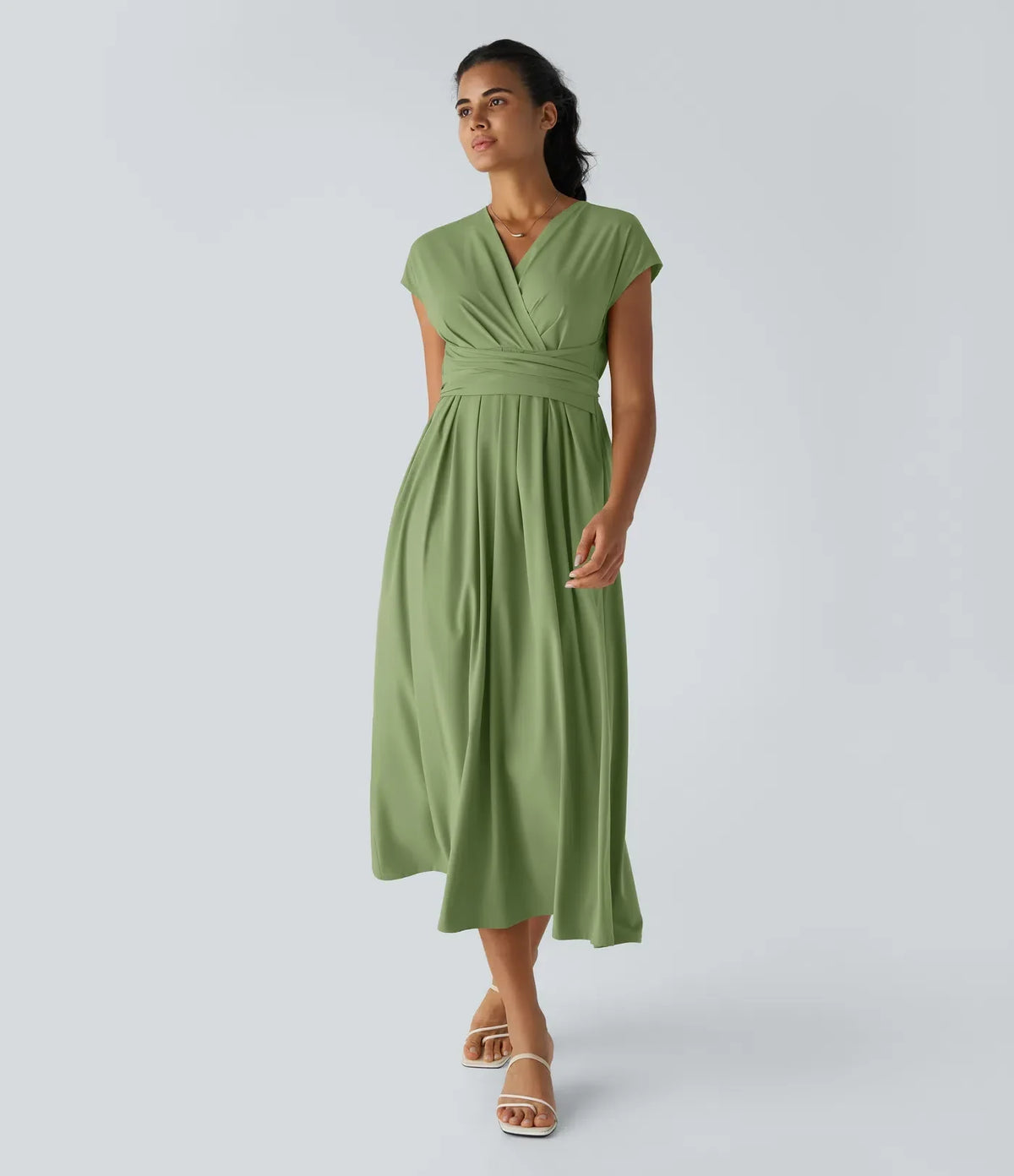 Women's Lightweight V-Neck Midi Dress – Elasticated Waist, Flared Cut