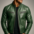 Men’s Vintage Leather Jacket – Stand Collar Structured Cut Zip Fastening Pockets