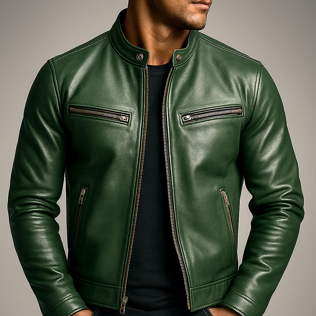 Men’s Vintage Leather Jacket – Stand Collar Structured Cut Zip Fastening Pockets