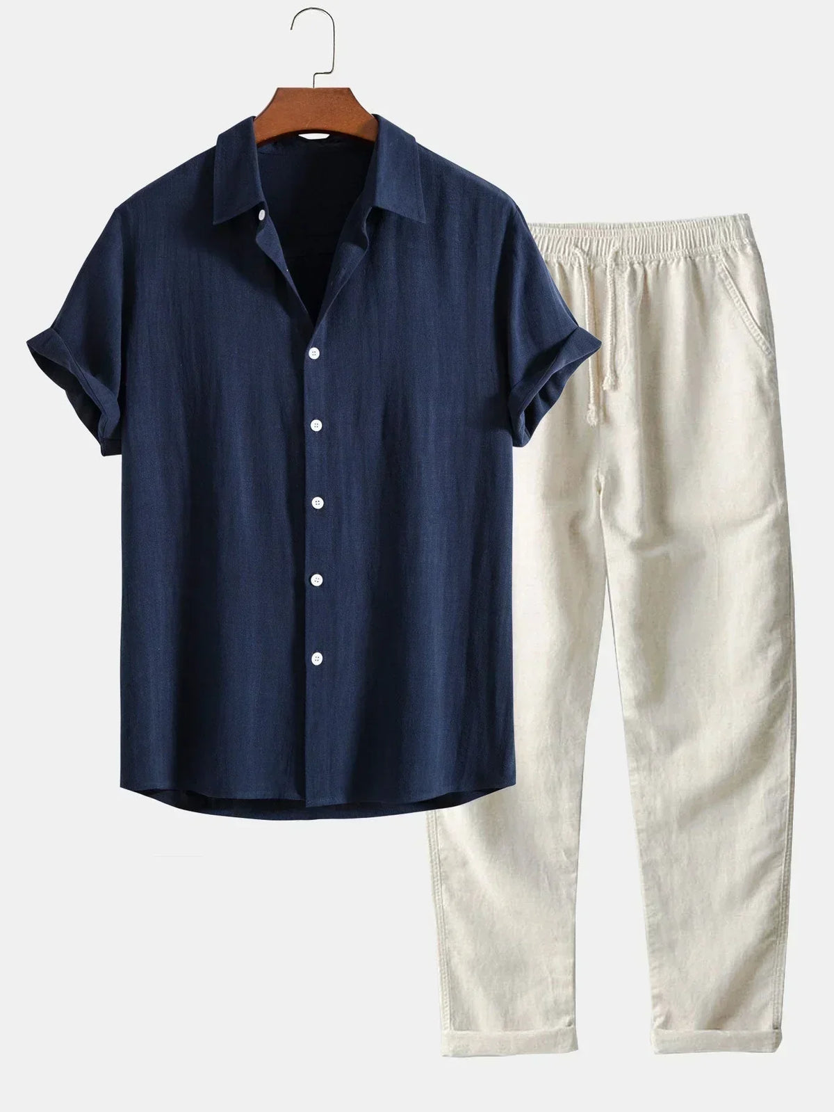 Men's Linen Two-Piece Set – Short-Sleeve Shirt Drawstring Trousers