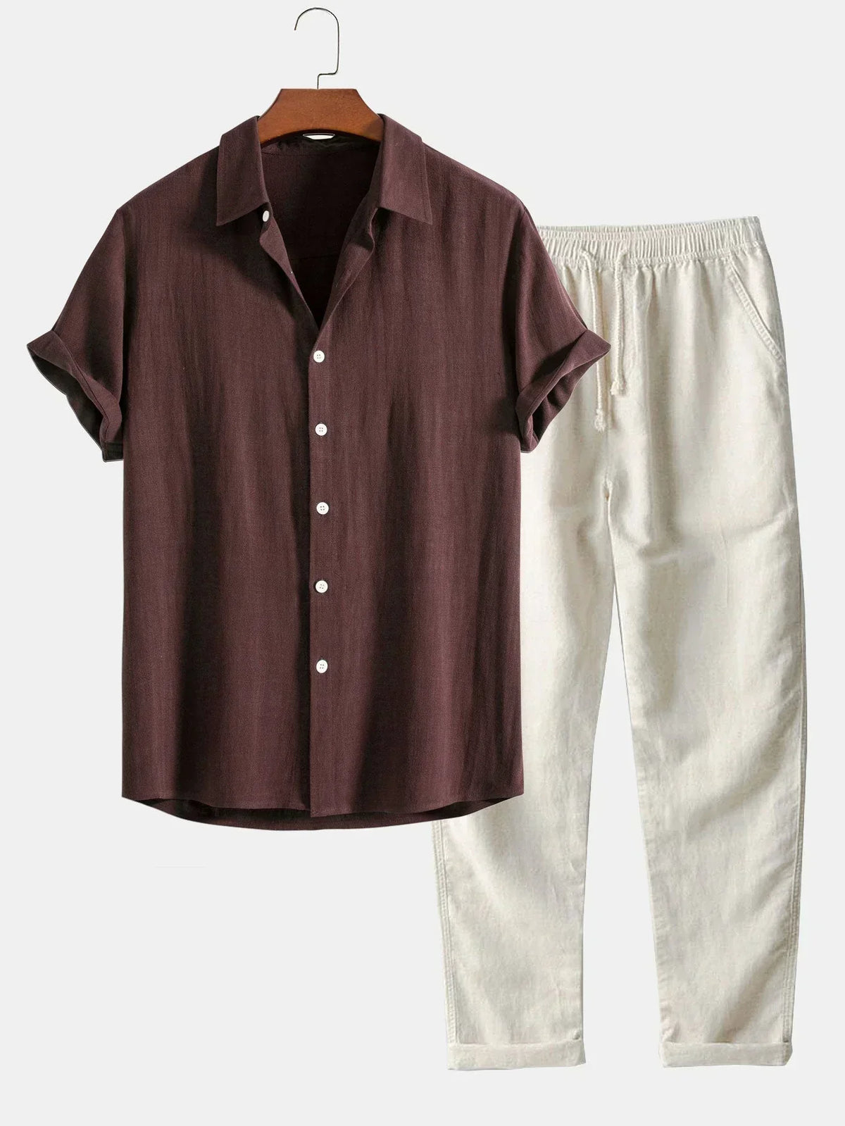 Men's Linen Two-Piece Set – Short-Sleeve Shirt Drawstring Trousers