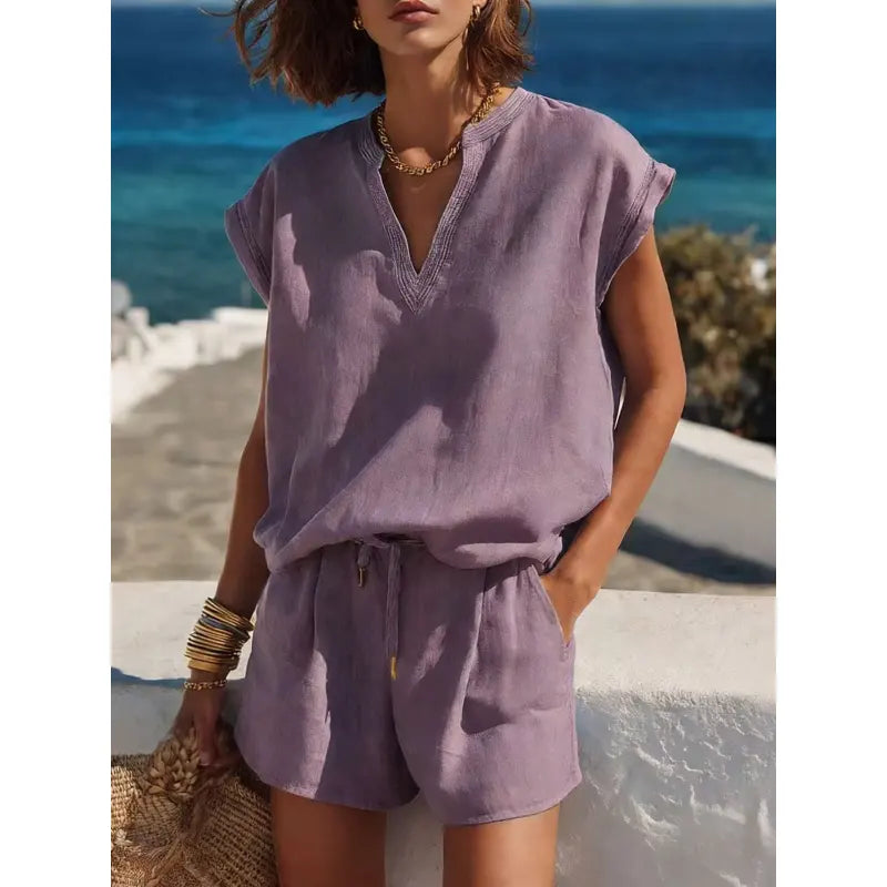 Women's Two-Piece Set with Short Sleeves and V-Neck – Casual Short Coordinated Outfit