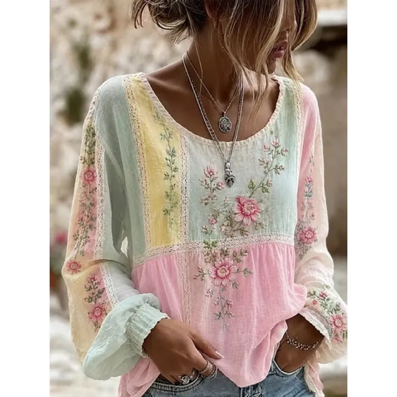 Women's Blended Linen Blouse – Floral Embroidery, Relaxed Fit