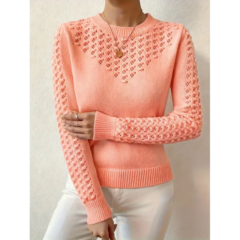 Women's Openwork Knit Sweater – Fitted Cut, Round Neck