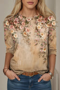 Women's Long-Sleeve Knit Top – Gradient Floral Print, Round Neck