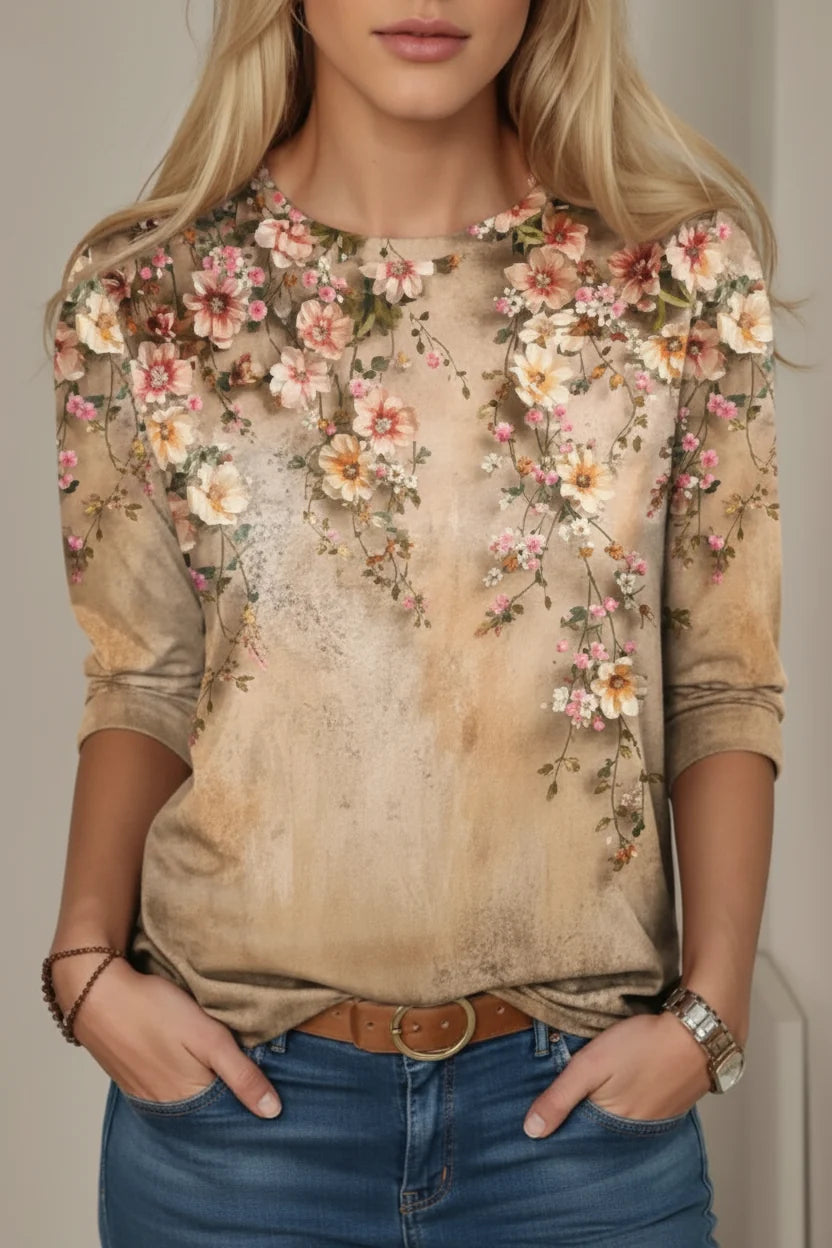 Women's Long-Sleeve Knit Top – Gradient Floral Print, Round Neck