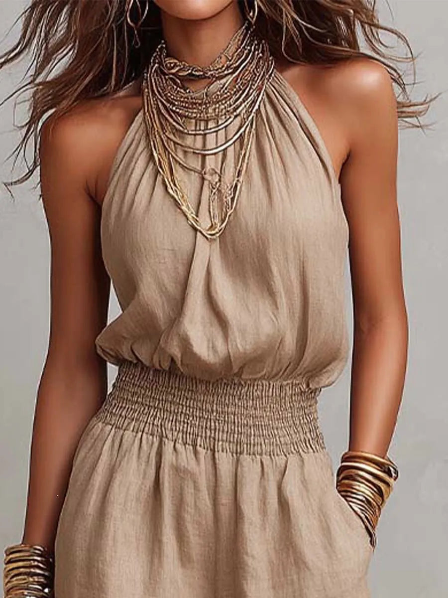 Women’s Wide-Leg Jumpsuit with Halter Neck – Smocked Waist, Open Back