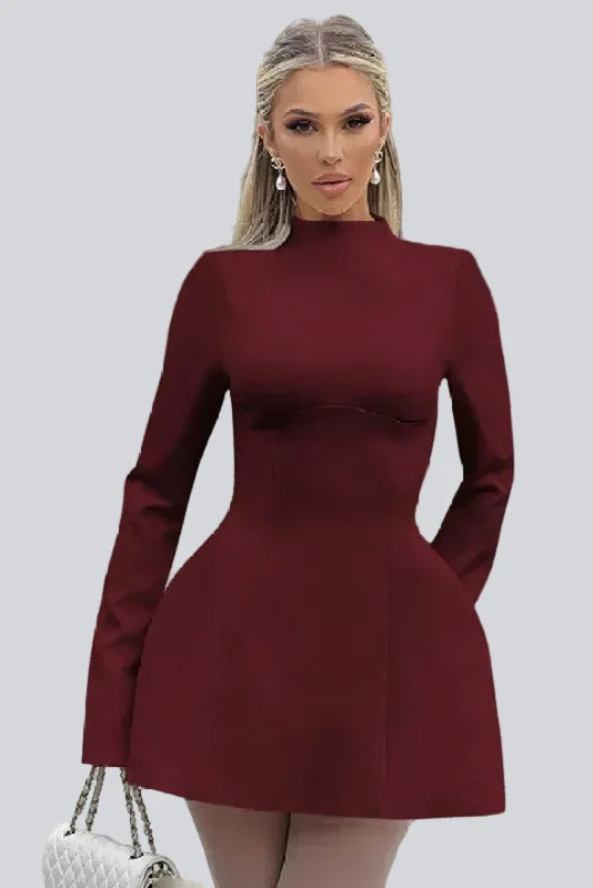 Mini A-Line Dress for Women - Long Sleeves, High Waist, Open Back