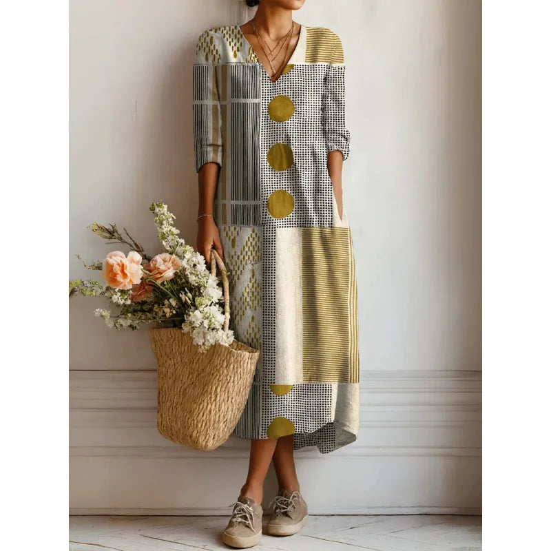 Women's Printed Midi Dress – Flowing Fit and Bohemian V-Neck