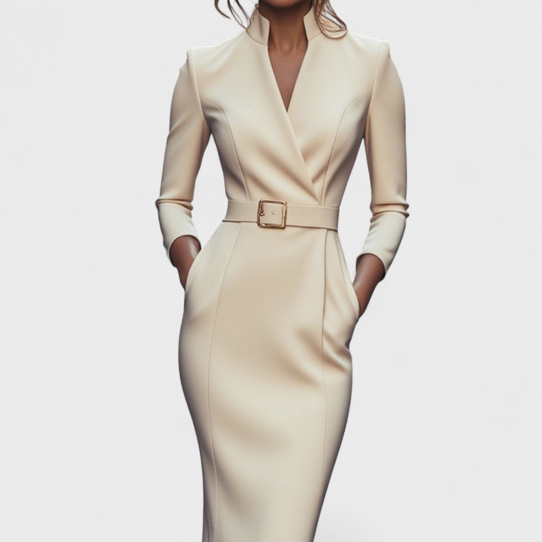 Women's fitted midi dress in stretch fabric – belted V-neck long sleeves