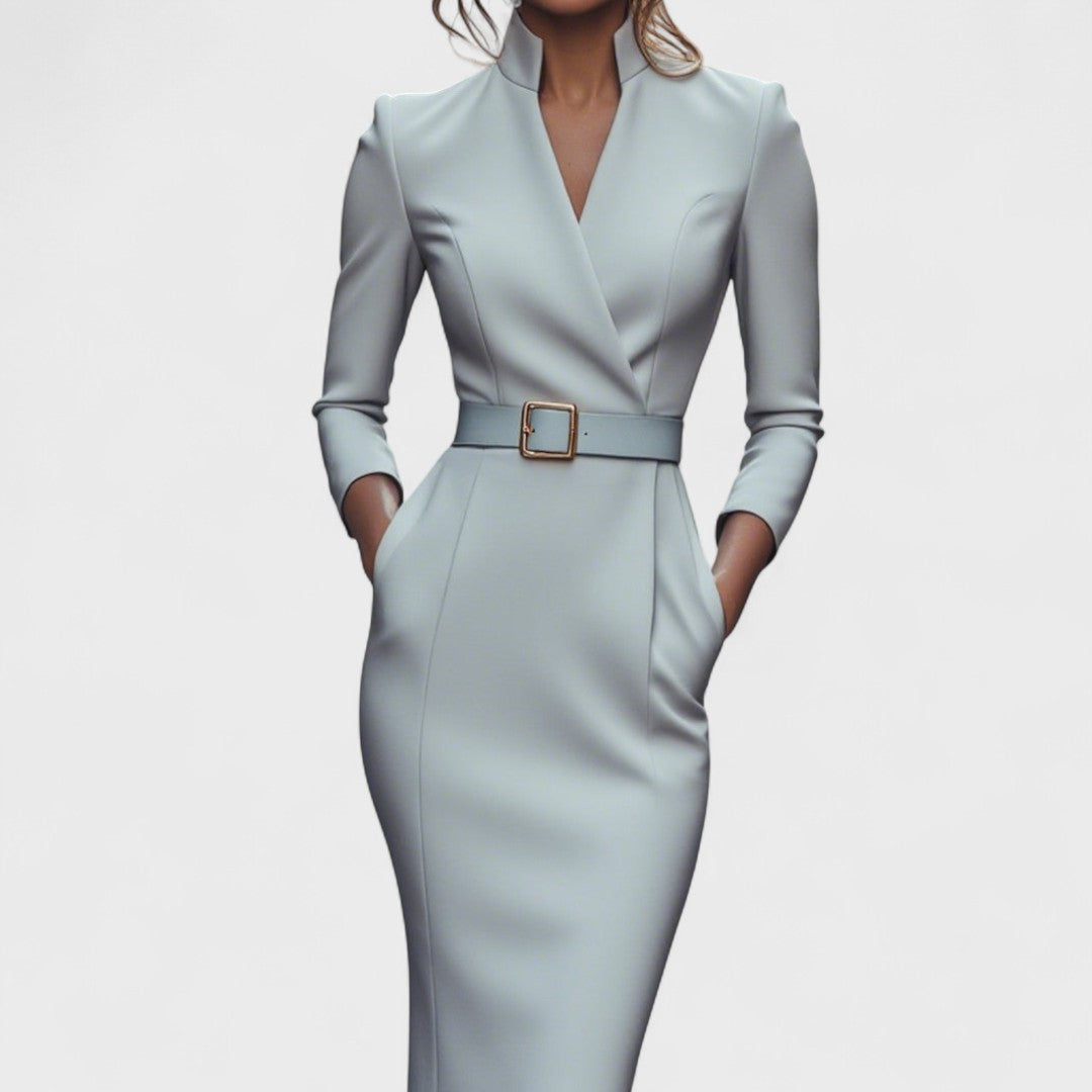 Women's fitted midi dress in stretch fabric – belted V-neck long sleeves