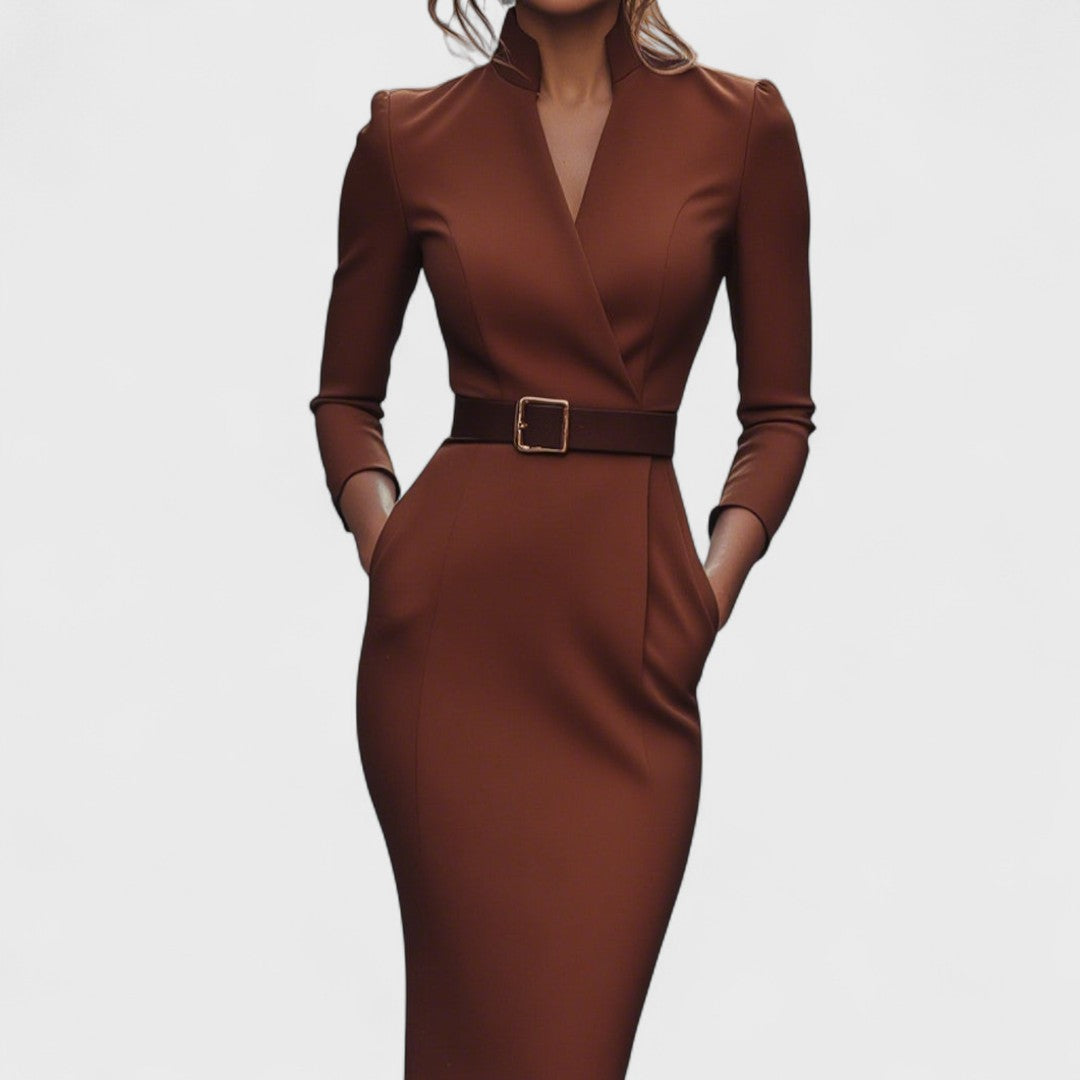 Women's fitted midi dress in stretch fabric – belted V-neck long sleeves
