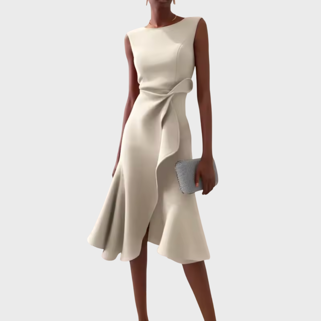 Women's Structured Sleeveless Midi Dress – Round Neck Fitted Flared Hem