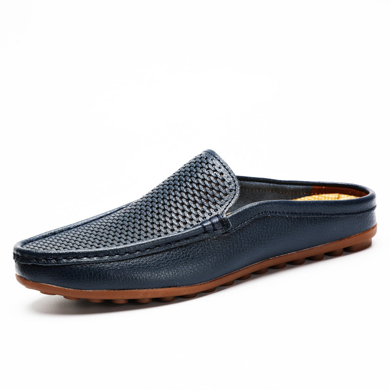 Men's Textured Leather Slip-On Mule Loafers – Perforated Open Back