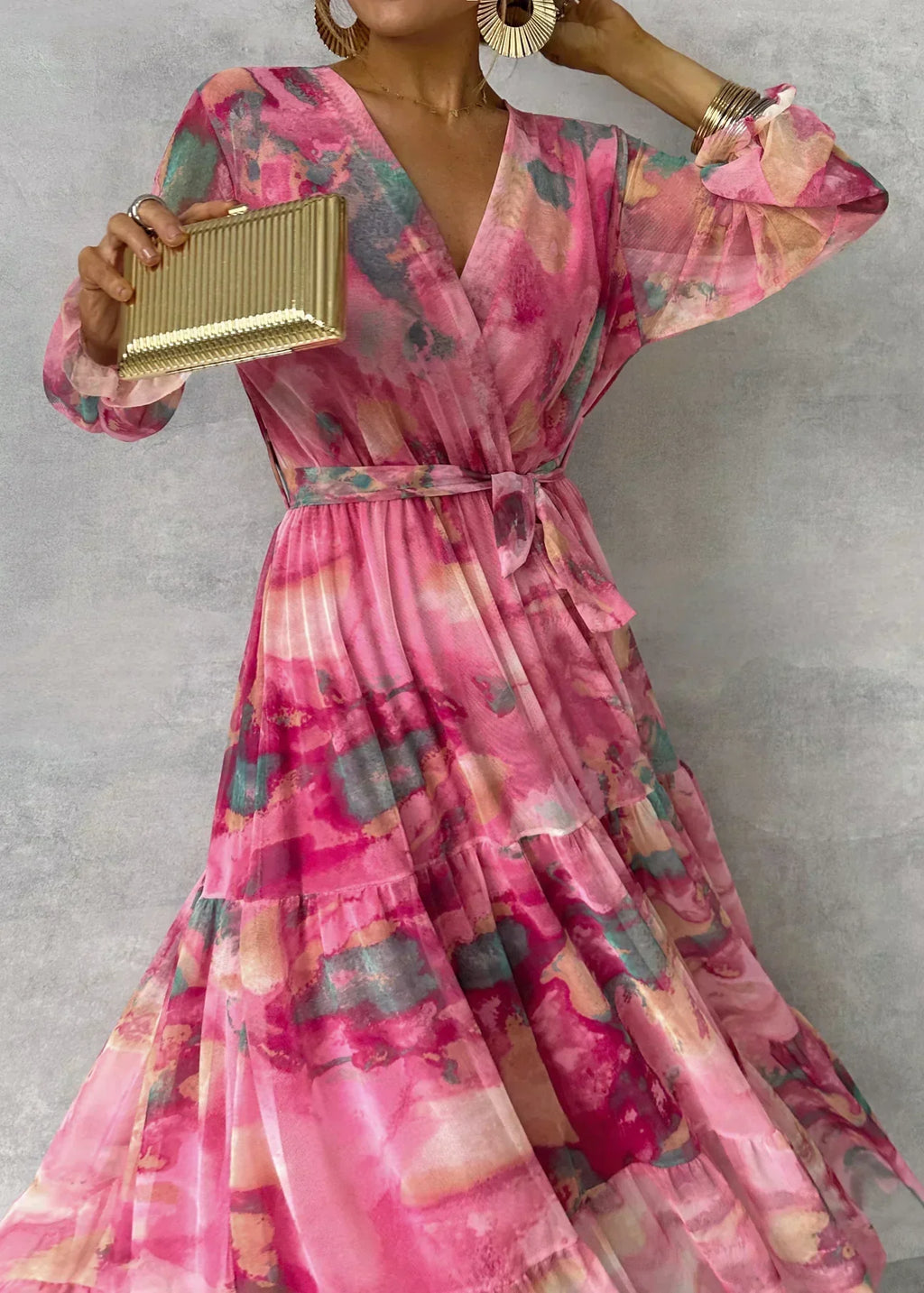 Women's Long Chiffon Dress – Floral Print, Long Sleeves, and Ruffled Skirt