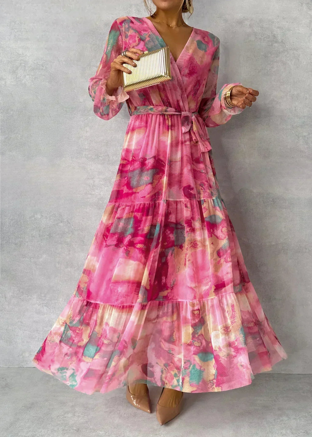 Women's Long Chiffon Dress – Floral Print, Long Sleeves, and Ruffled Skirt