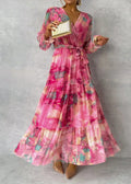 Women's Long Chiffon Dress – Floral Print, Long Sleeves, and Ruffled Skirt