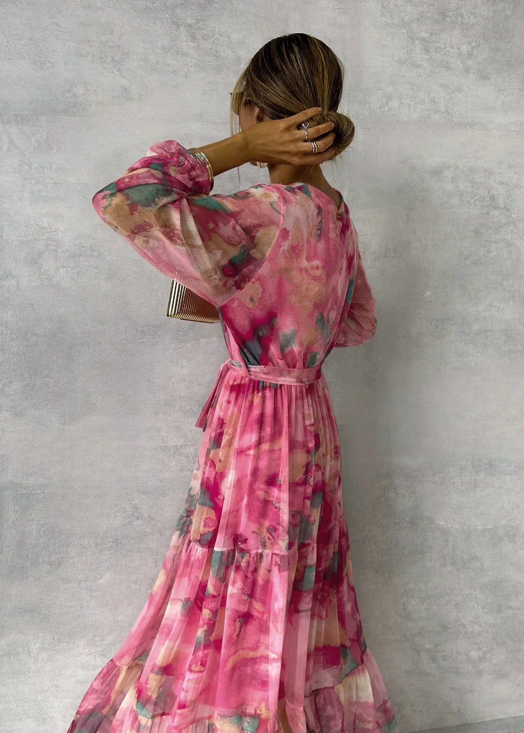 Women's Long Chiffon Dress – Floral Print, Long Sleeves, and Ruffled Skirt