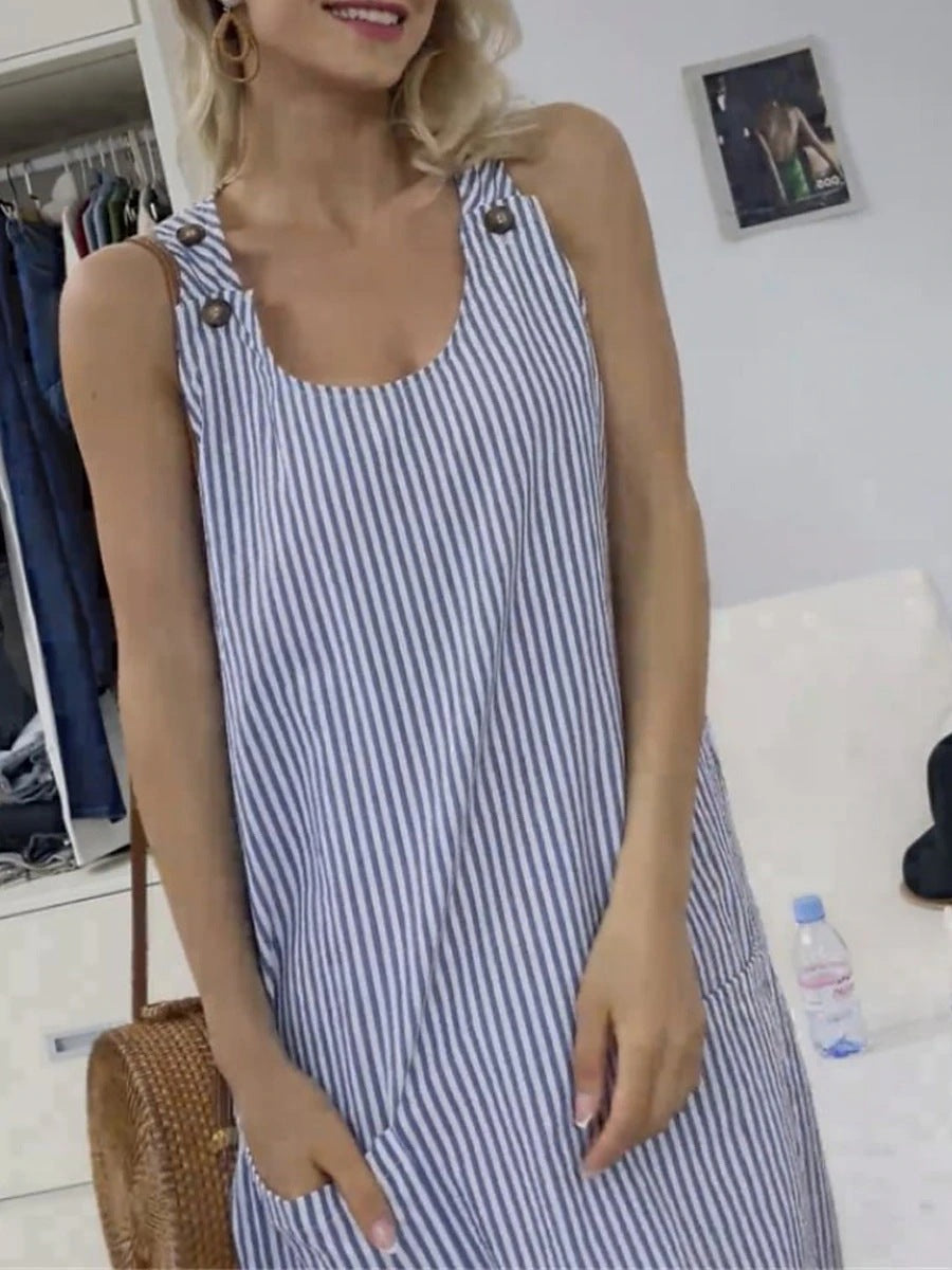 Casual Women's Striped Dress – Round Neck and Button Details
