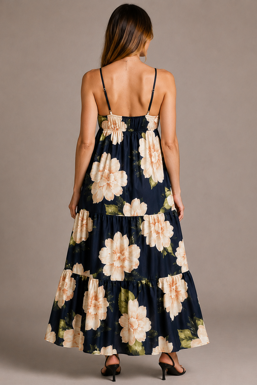 Floral Maternity Long Dress – V-Neck Empire Waist Tiered Skirt