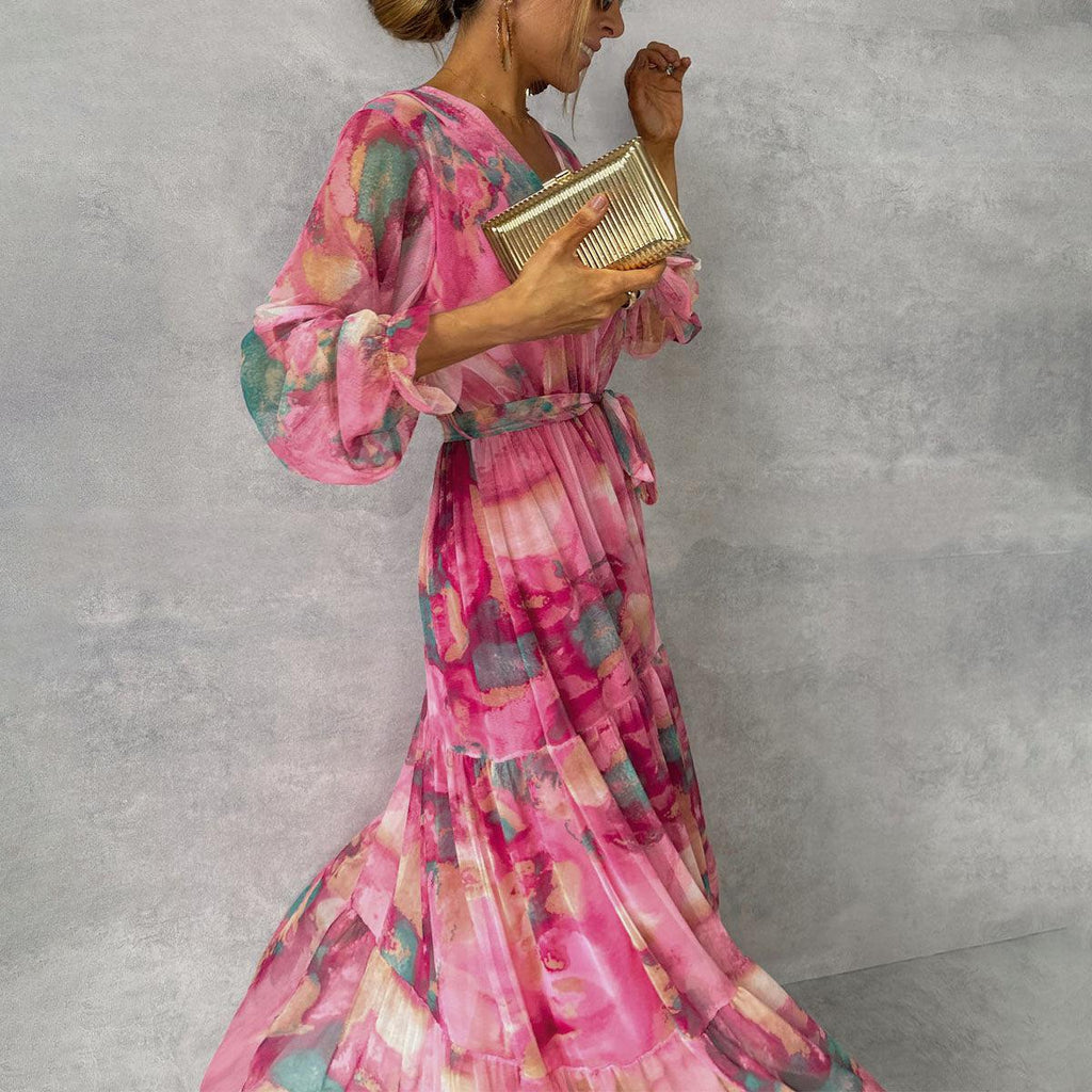 Women's Long Chiffon Dress – Floral Print, Long Sleeves, and Ruffled Skirt