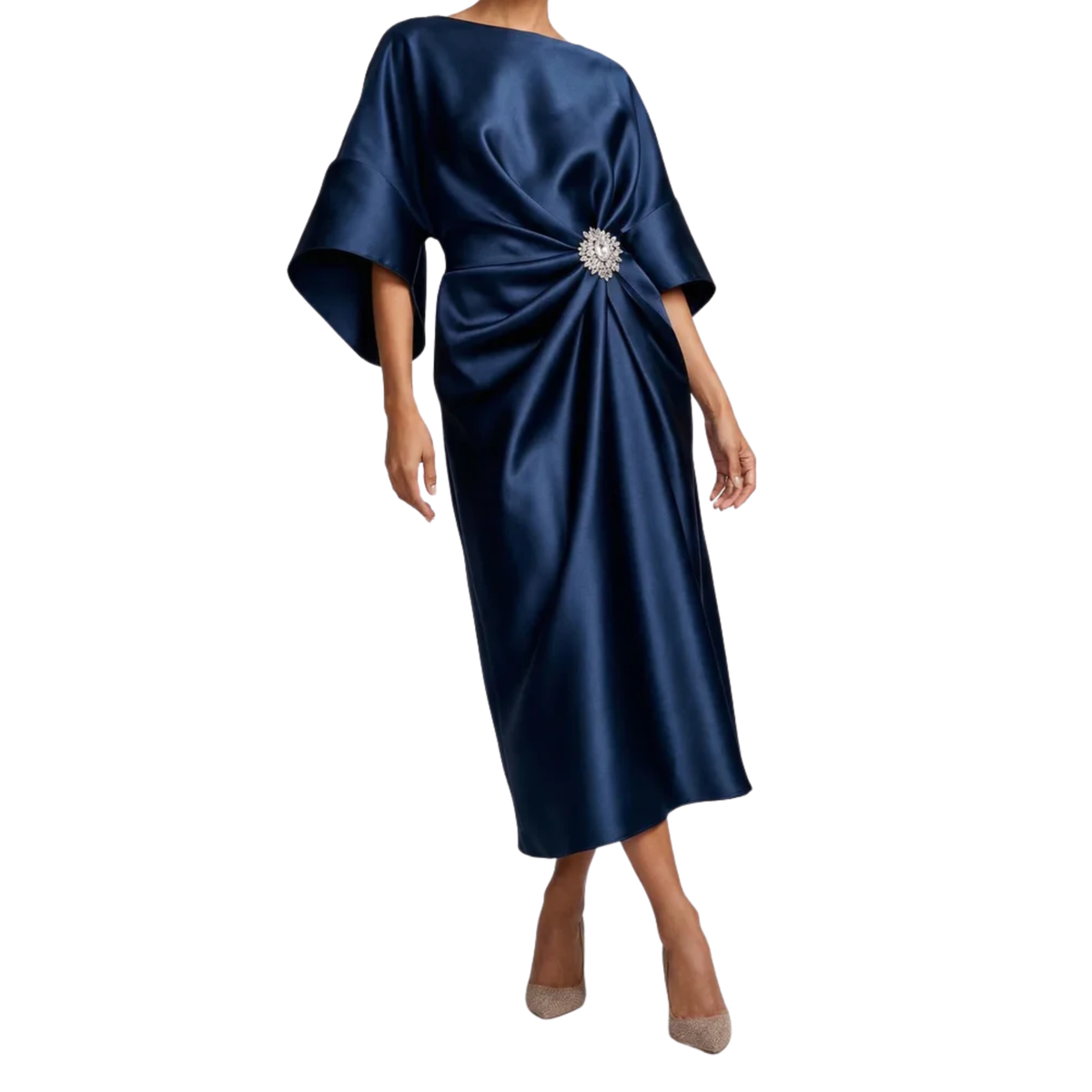 Women's Satin Midi Dress – Batwing Sleeves & Jewel Draped Waist