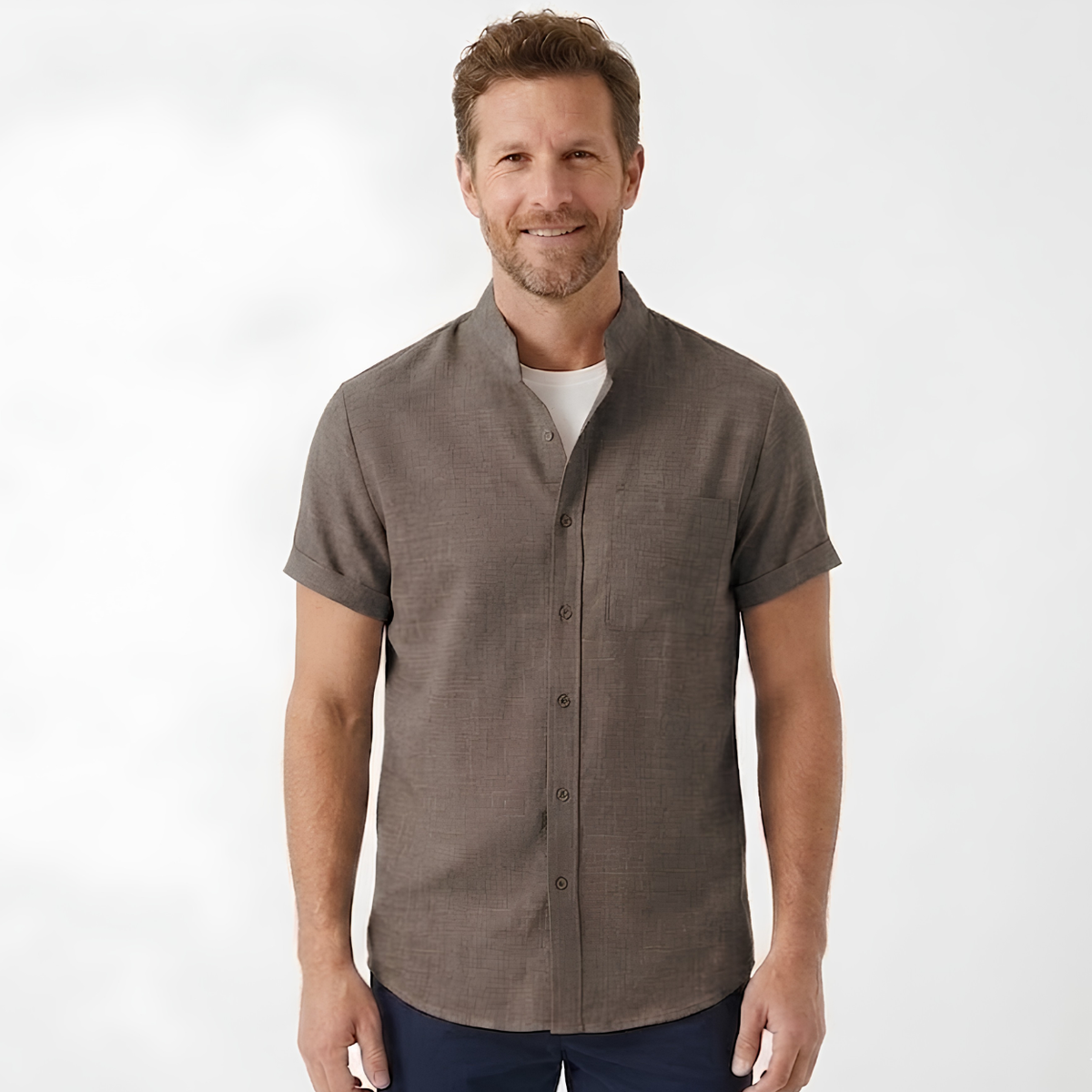 Men's Cotton-Linen Short Sleeve Shirt – Mandarin Collar Straight Cut