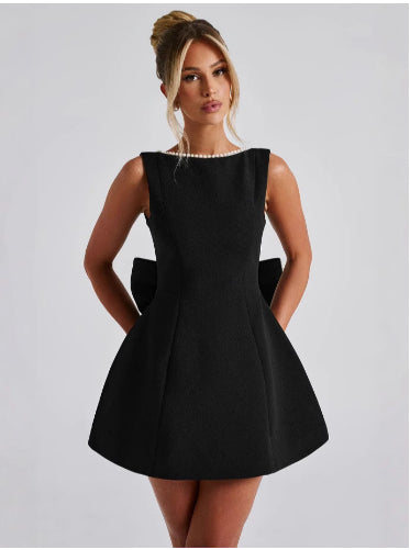 Women's A-Line Mini Dress with Open Back – Sleeveless, Beaded Bow