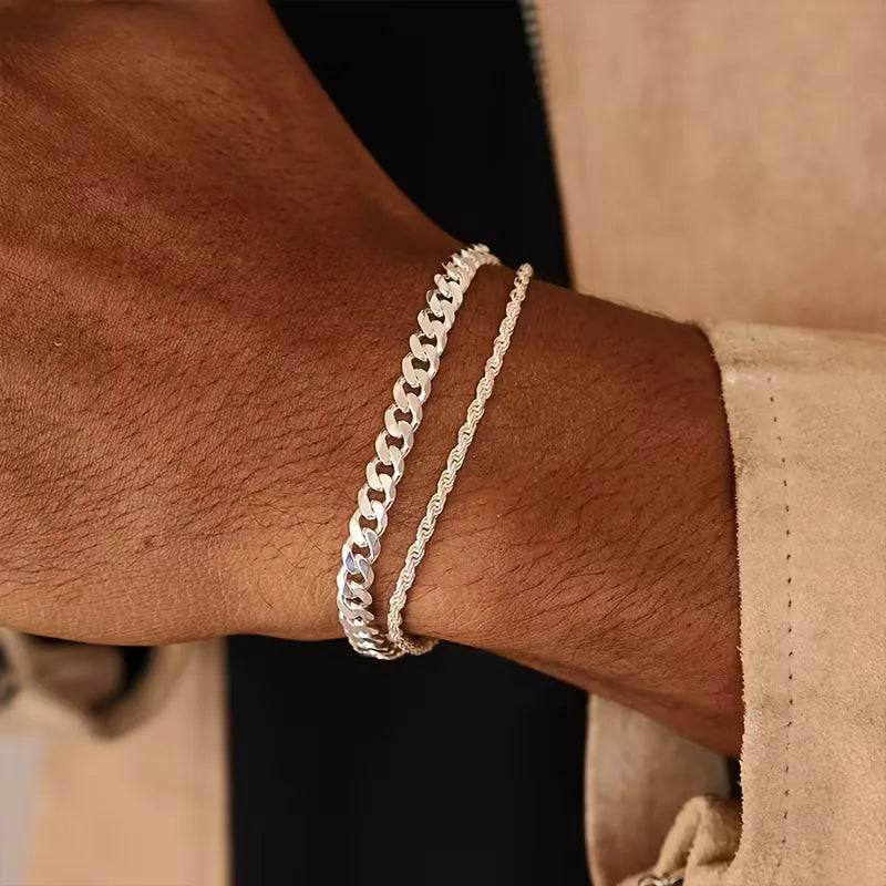 Men's Bracelet Cuban Chain & Rope – Polished Metal Layered Set