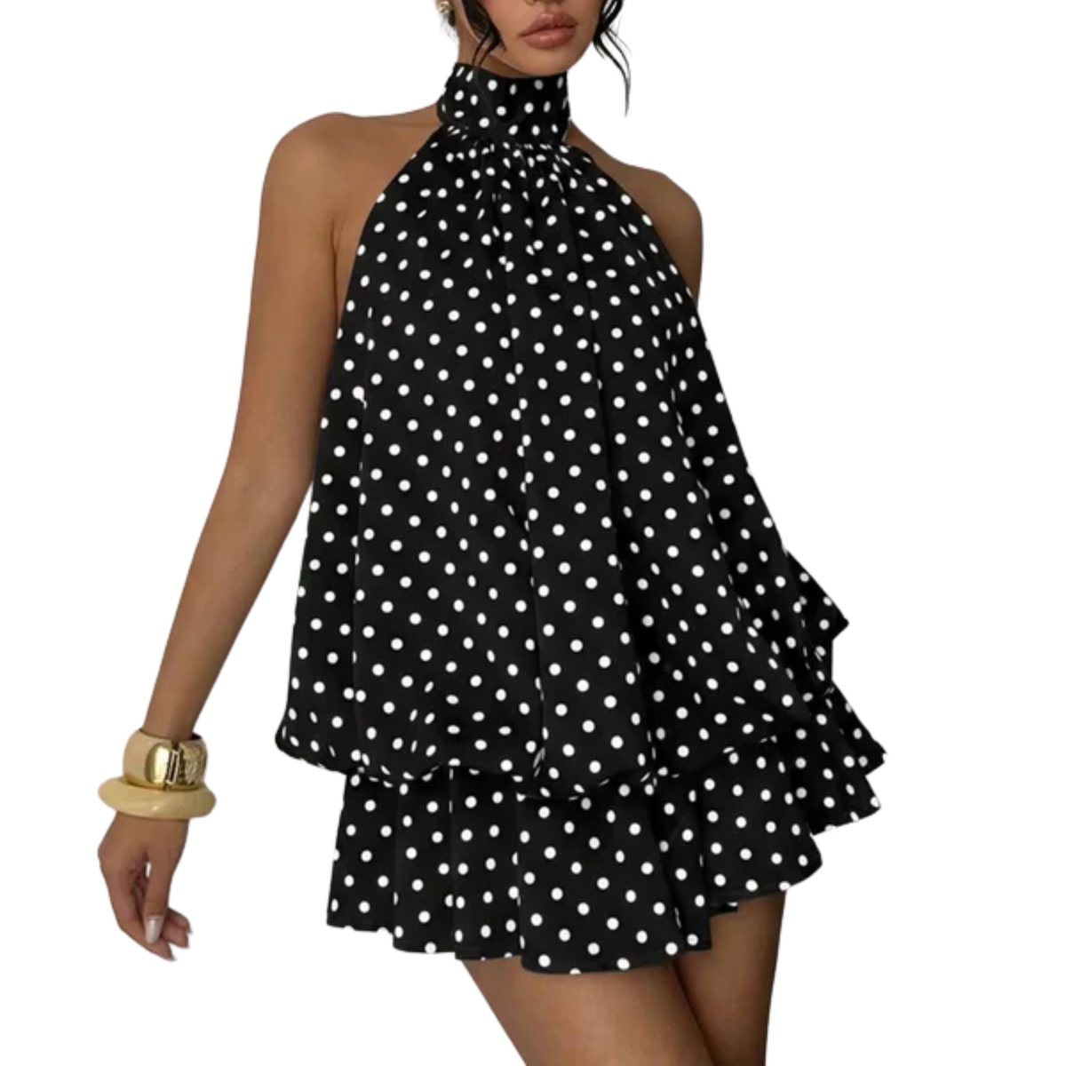 Women's Mini Dress with Layered Ruffles – Backless Halter Trapeze