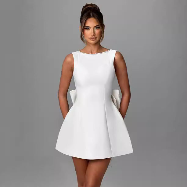 Women's A-Line Mini Dress with Open Back – Sleeveless, Beaded Bow
