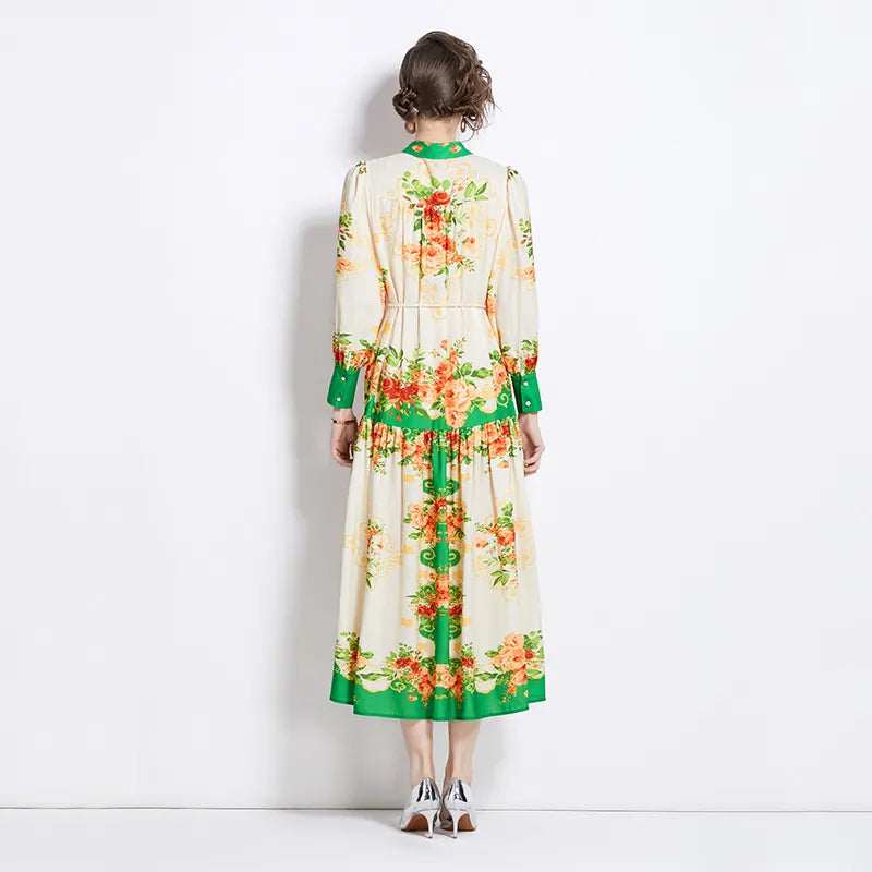 Women's Maxi Dress Lantern Sleeves Retro Style – Artistic Print