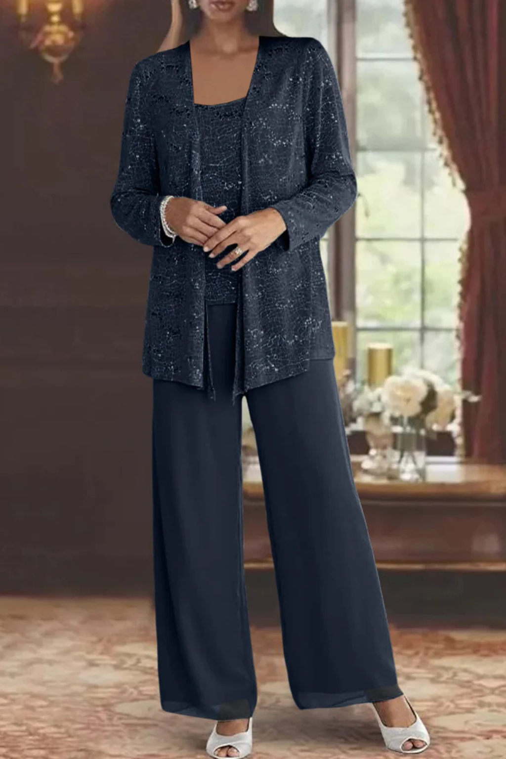 Three-Piece Women's Costume with Sequins and Lace – Wide-Leg Pants