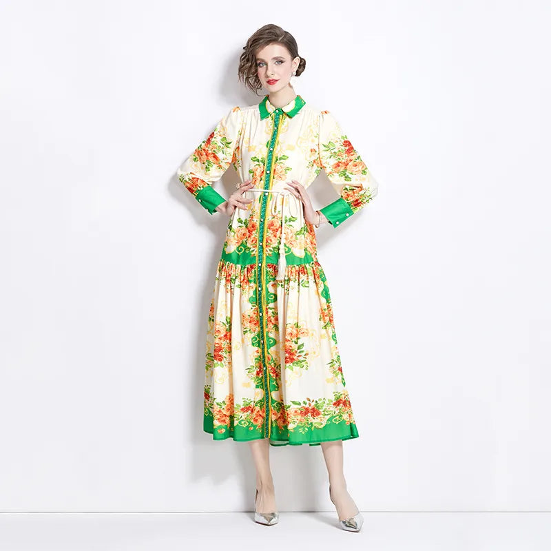 Women's Maxi Dress Lantern Sleeves Retro Style – Artistic Print