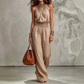 Women’s Wide-Leg Jumpsuit with Halter Neck – Smocked Waist, Open Back