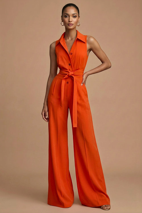 Women’s Sleeveless Wide-Leg Jumpsuit – Buttoned Shirt Collar, Belt