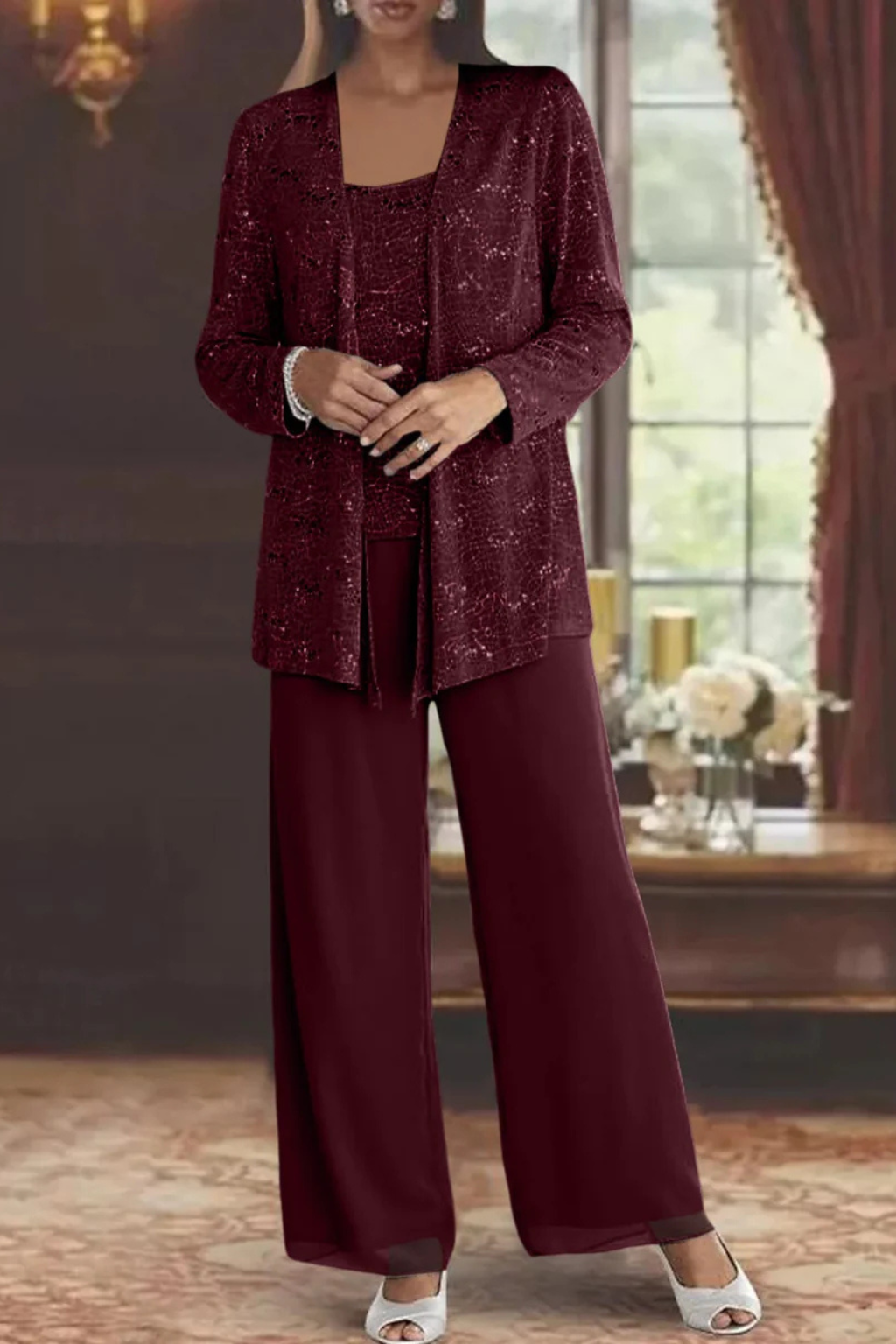 Three-Piece Women's Costume with Sequins and Lace – Wide-Leg Pants