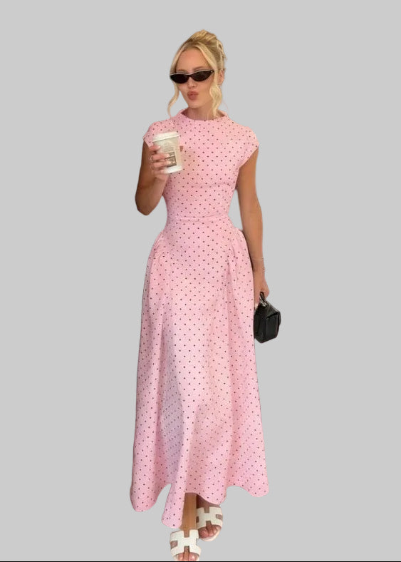 Women's Long Polka Dot Dress – High Neck, Short Sleeves, A-Line Cut