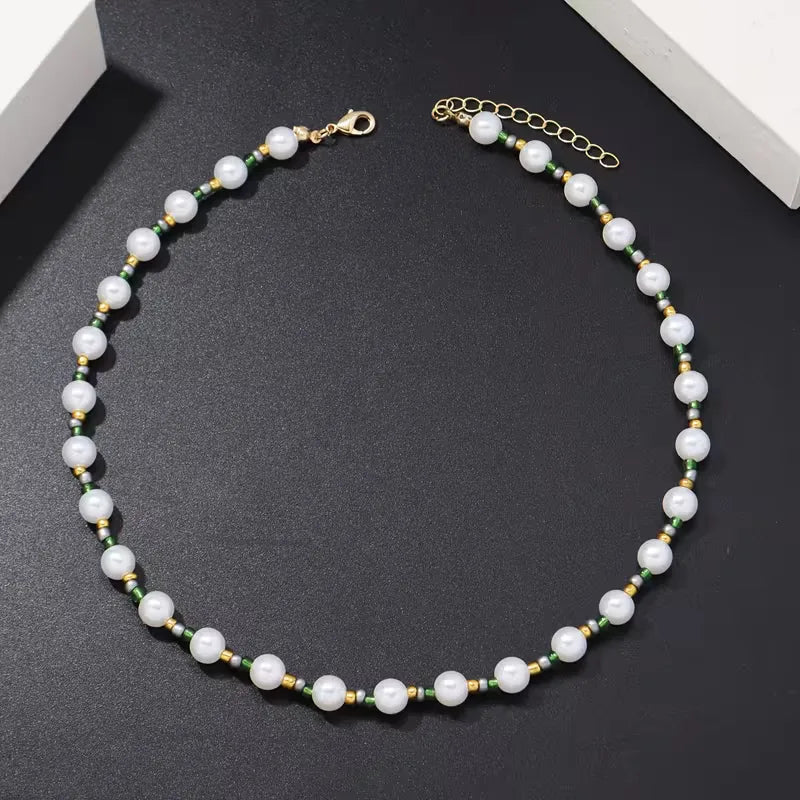 Necklace for Women and Men with Pearls and Green and Gold Accents – Adjustable Length