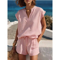 Women's Two-Piece Set with Short Sleeves and V-Neck – Casual Short Coordinated Outfit