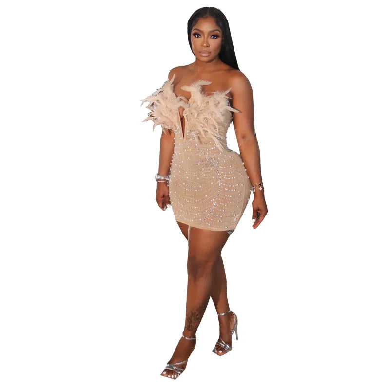 Women's Sheath Dress with Feathers, Rhinestones, and Pearls – Glamorous Fitted Silhouette