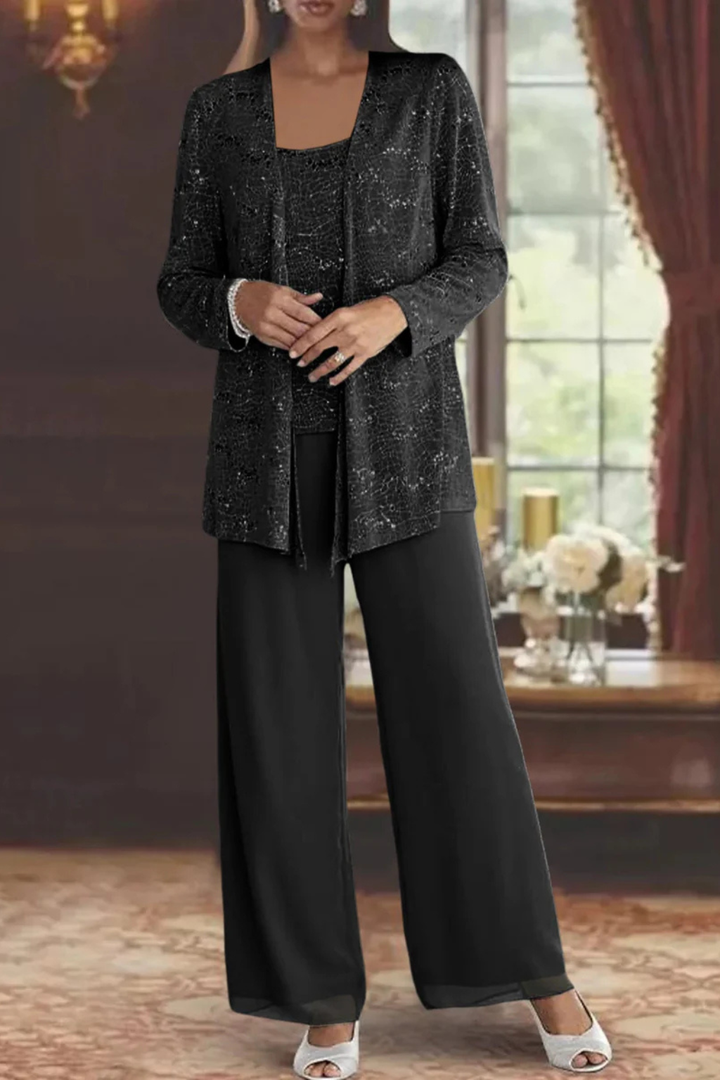 Three-Piece Women's Costume with Sequins and Lace – Wide-Leg Pants