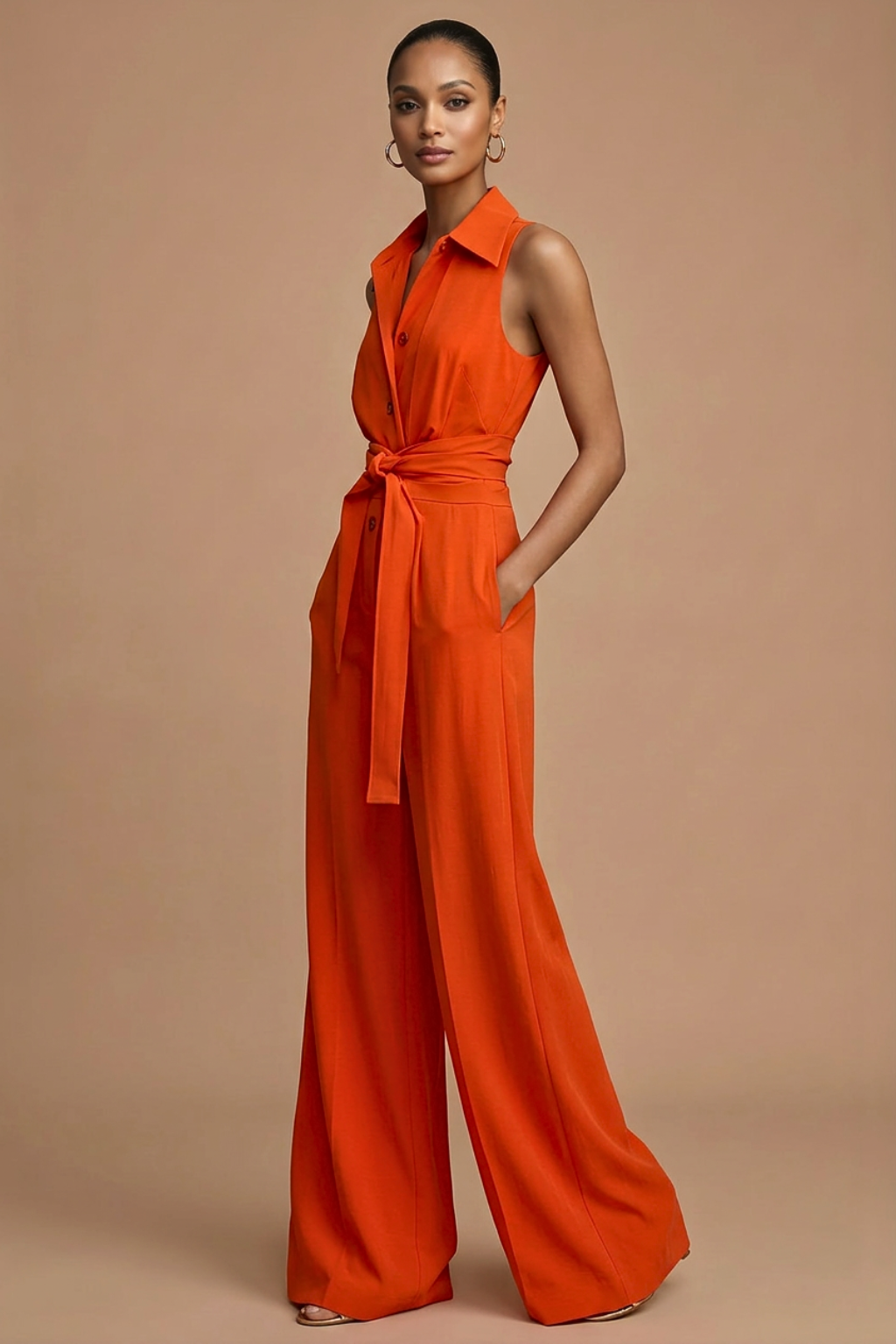 Women’s Sleeveless Wide-Leg Jumpsuit – Buttoned Shirt Collar, Belt