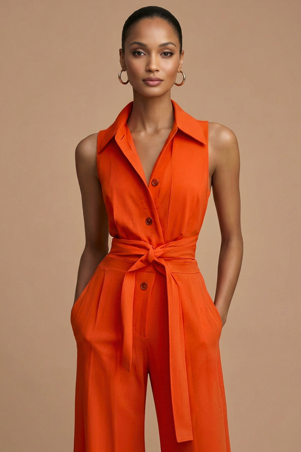 Women’s Sleeveless Wide-Leg Jumpsuit – Buttoned Shirt Collar, Belt